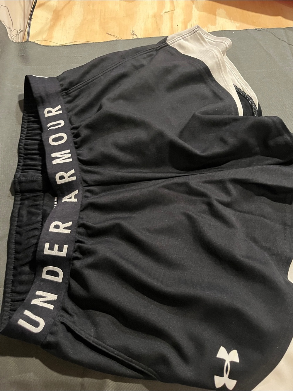 Under Armour Black Athletic Shorts with White Logo and Grey Trim